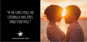 couple staring into each others eyes at sunset with a quote about Taurus men