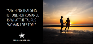 couple walking on the beach at sunset with a quote about Taurus women and romance