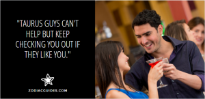 man and woman clicking glasses at a bar with a quote about Taurus men and communication