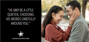 woman laughing and holding a mans face with a quote about Taurus men being shy