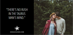 couple kissing with trees in the background and a quote about Taurus men