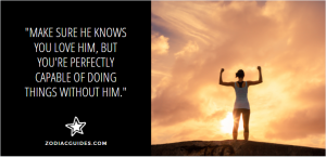 woman standing on a mountain top at sunset with a quote about Taurus men