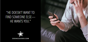closeup of a man texting on a couch with a quote about Taurus men and relationships