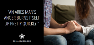 closeup of a couple holding hands in forgiveness and a quote about aries men getting over anger quickly
