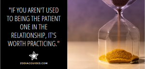 closeup of an hourglass with yellow and and a quote about practicing patience dating an aries man