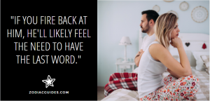 man and woman sitting on a bed not facing each other and upset with a quote about fighting with aries men