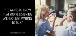 man and woman smiling and having coffee with a quote about how to talk to an aries man