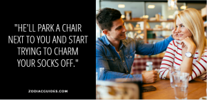 man and woman talking at a table with man caressing womans face and a quote about aries men and flirting