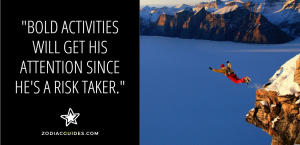 a person jumping off a slowy cliff with a parachute and a quote about Aries men as risk takers