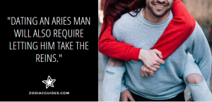 man playfully carrying a woman on his back with a quote about dating an aries man