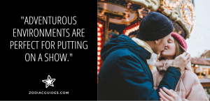 couple kissing with a carousel behind them and a quote about a gemini man impressing a date