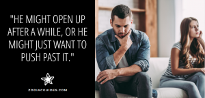 man and woman upset sitting apart from each other on a couch with a quote about gemini man when upset