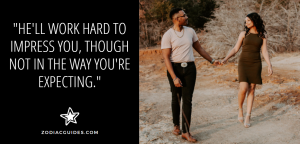 man and woman walking holding hands with a quote about gemini man trying to impress a date