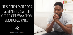 man deep in thought on a bed with a quote about how gemini men deal with emotional pain