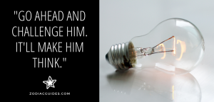 closeup of a lightbulb on a white surface and a quote about challenging a gemini man in conversation