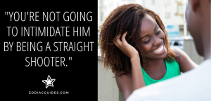 closeup of a woman smiling talking to a man and a quote about being bold talking to gemini men