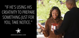 man giving a woman a surprise gift with a quote about a gemini man using creativity to show his feelings