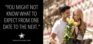 man giving yellow flowers to a woman and a quote about gemini men surprising a date