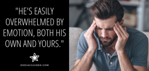 man rubbing his temples with a quote about gemini men getting overwhelmed by emotion