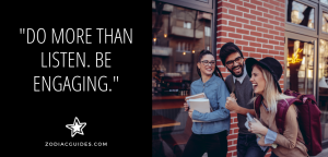 two women and one man walking down a street laughing with a quote about engaging a gemini man