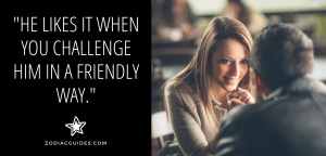 woman leaning in smiling and listening to a man talk with a quote about talking to a gemini man