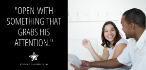 woman smiling at a man reading the newspaper with a quote about getting a gemini mans attention