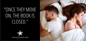 man and woman turned away from each other in bed with a quote about a cancer man moving on from the relationship