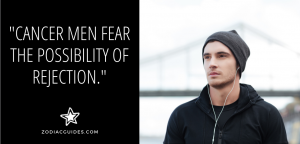 man in a hat with ear buds in with a quote about cancer men fearing rejection