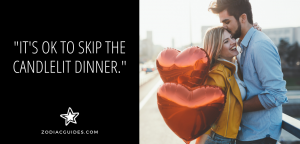 man kissing a woman holding red heart shaped balloons with a quote about going on an adventurous date with a gemini man