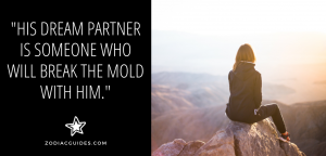 woman sitting on a mountain top looking at the sunset with a quote about making a gemini man happy by breaking the mold