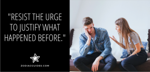 woman talking to a man looking upset with a quote about not blaming a cancer man for a breakup