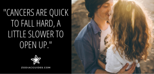 man and woman kissing on the beach with a quote about a cancer man falling in love