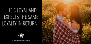 couple cuddling in a plaid blanket with a quote about loyal cancer man