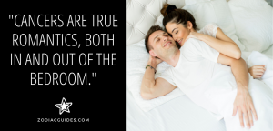 couple cuddling in a bed with a quote about romantic cancer men