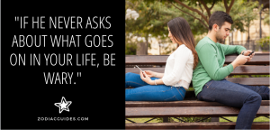 couple ignoring each other and texting with a quote about how to tell if a leo man is playing you