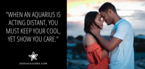 couple embracing on the beach with a quote about how to react to an aquarius man who distances himself from you