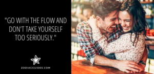 couple hugging and laughing with a quote about being fun with an aquarius man