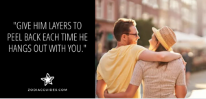 couple walking down the street arm in arm with a quote about being mysterious for an aquarius man to chase you