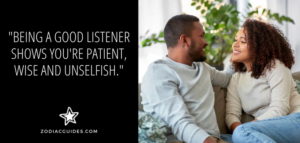 man and woman facing each other on a couch with a quote about listening to an aquarius man you are dating