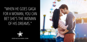 man and woman hugging and kissing at a carnival with a quote about aquarius men finding the woman of their dreams