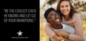 man carrying a woman on his back with a quote about having fun with aquarius men