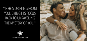 man leaning back on a woman and smiling with a quote about being mysterious for an aquarius man