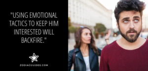 man rolling his eyes at a woman with a quote about aquarius men not liking drama