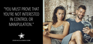 woman looking jealously at a mans phone with a quote about not being possessive of an aquarius man you are dating