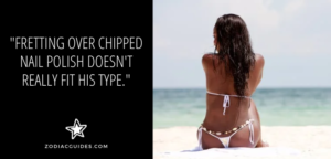 woman sitting on a beach in a bikini with a quote about aquarius men liking casual looking women
