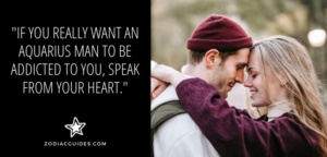 woman smiling and hugging a man with a quote about speaking from your heart to aquarius men