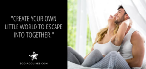 woman smiling and leaning back on man with a quote about an aquarius man sense of humor