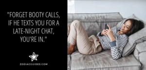 woman texting on her phone on the couch with a quote about aquarius men being attracted to intellectual women