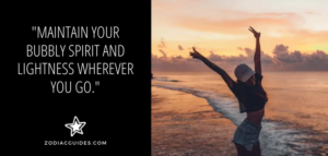woman throwing the peace sign at the ocean with a quote about having a positive attitude with an aquarius man