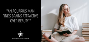 woman with glasses surrounded by books with a quote about aquarius man liking smart women